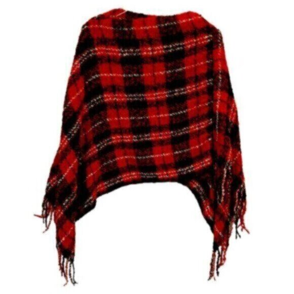 Black & Red Plaid Fringed Poncho One Size Fits Small Medium - Picture 3 of 6